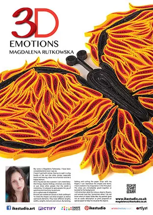 Pionowy plakat 3D Emotions z dużą reprodukcją pomarańczowo-żółtej pracy przypominającej motyla. U dołu znajduje się portret Magdaleny i krótka nota, a u góry informacja o wystawie w ramach Polish Cultural Week.
