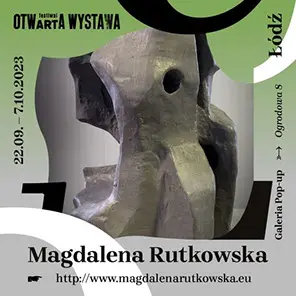 Kwadratowa grafika Otwartej Wystawy 2023 w zieleni, czerni i bieli. Zdjęcie rzeźbiarskiej formy przecinają grube łuki oraz informacje o terminie 22 września–7 października i Galerii Pop-up.