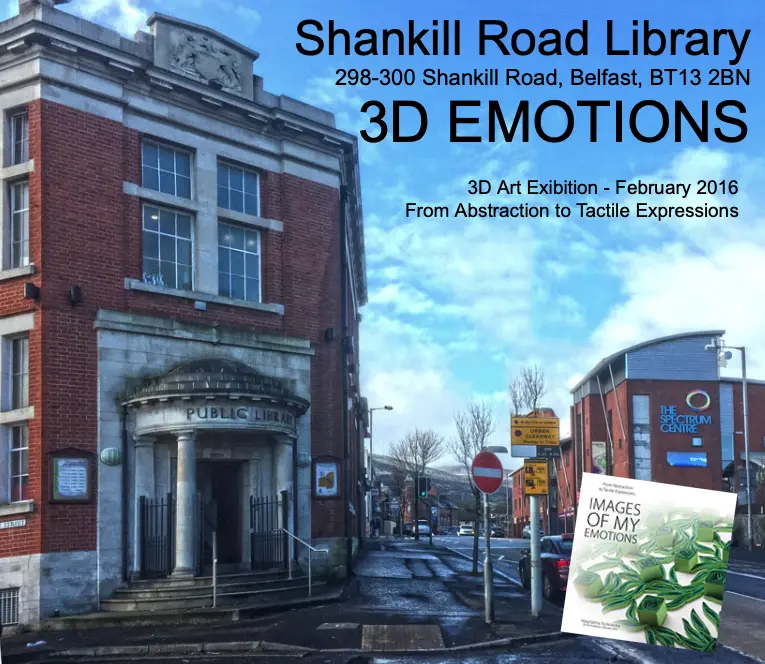 Plakat 3D Emotions z fotografią ceglanego budynku Shankill Road Library pod błękitnym niebem. W prawym dolnym rogu nałożono okładkę Images of My Emotions; tekst podaje luty 2016.
