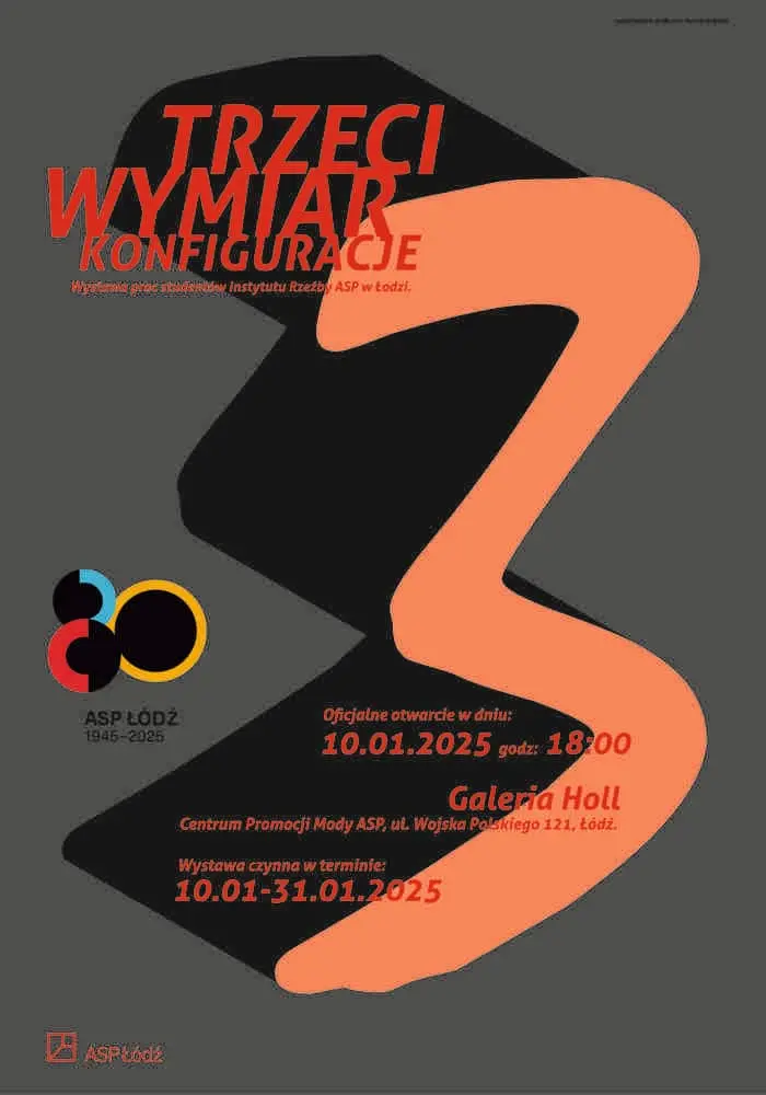 Pionowy plakat wystawy Trzeci wymiar. Konfiguracje. Na ciemnoszarym tle dominuje duża pomarańczowa forma przypominająca znak zapytania lub cyfrę trzy; tytuł zapisano czerwienią.