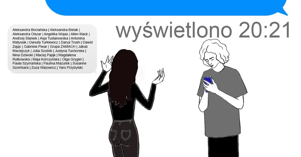 Poziomy plakat wystawy Wyświetlono 20:21. Na białym tle dwie rysunkowe postacie korzystają z telefonów, a nad nimi rozciąga się niebieski dymek dialogowy z tytułem.