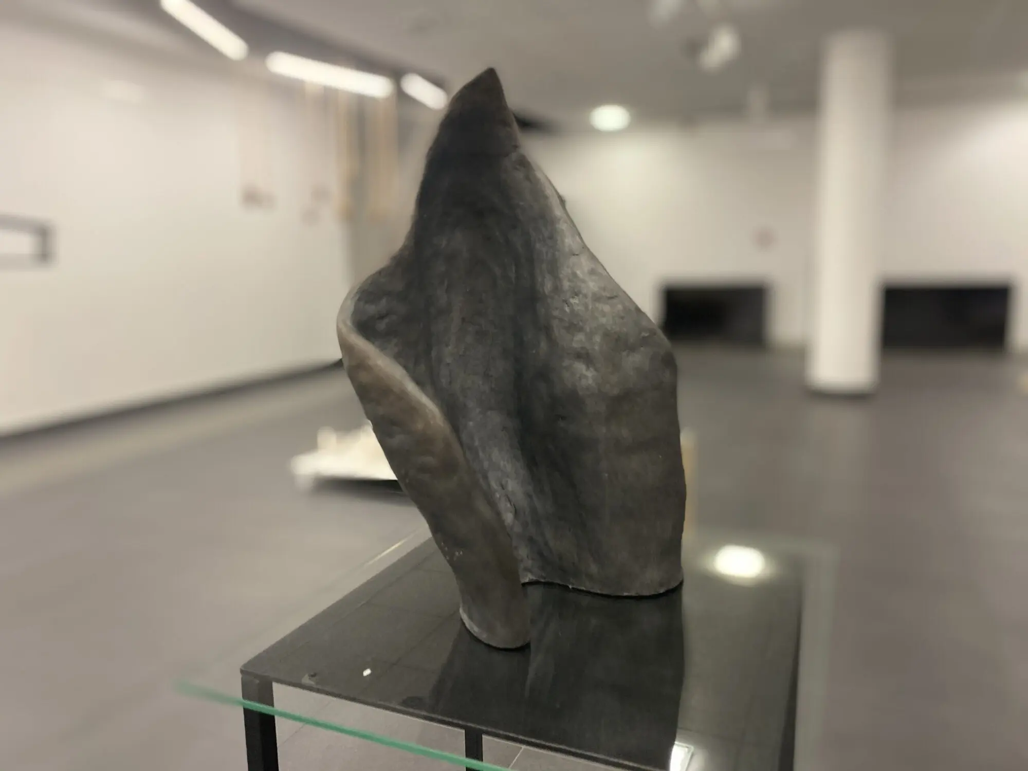 Ciemna ceramiczna rzeźba na czarnym postumencie za szklaną osłoną. W ukośnym ujęciu jeden silnie wygięty płat tworzy asymetryczną sylwetkę: po lewej zawija się do wnętrza, po prawej rozszerza, a u góry zwęża ku ostremu zwieńczeniu. Przez środek biegnie głęboka pionowa wklęsłość. Matowa powierzchnia przechodzi od czerni do grafitowych i szarych plam; białe wnętrze galerii w tle jest rozmyte.