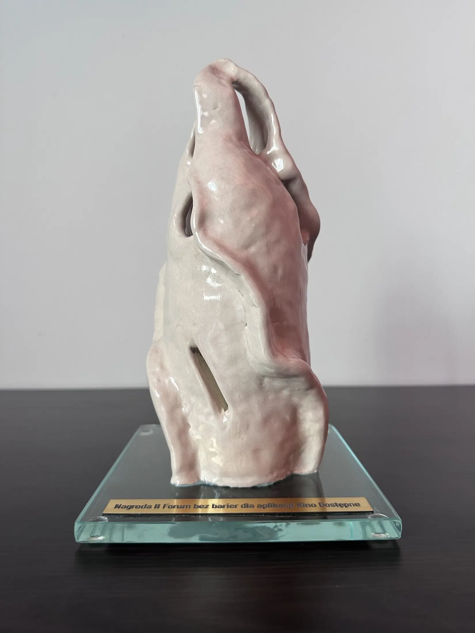 Frontalny widok pionowej statuetki ceramicznej na kwadratowej, przezroczystej podstawie. Mlecznobiała i bladoróżowa, połyskująca bryła składa się z szerokich, pofałdowanych partii. U góry otaczają one duży, wydłużony prześwit, a niżej tworzą kilka węższych otworów i szczelin. Do przedniej części podstawy przymocowana jest metalowa tabliczka z napisem: «Nagroda II Forum bez barier dla aplikacji Kino Dostępne».