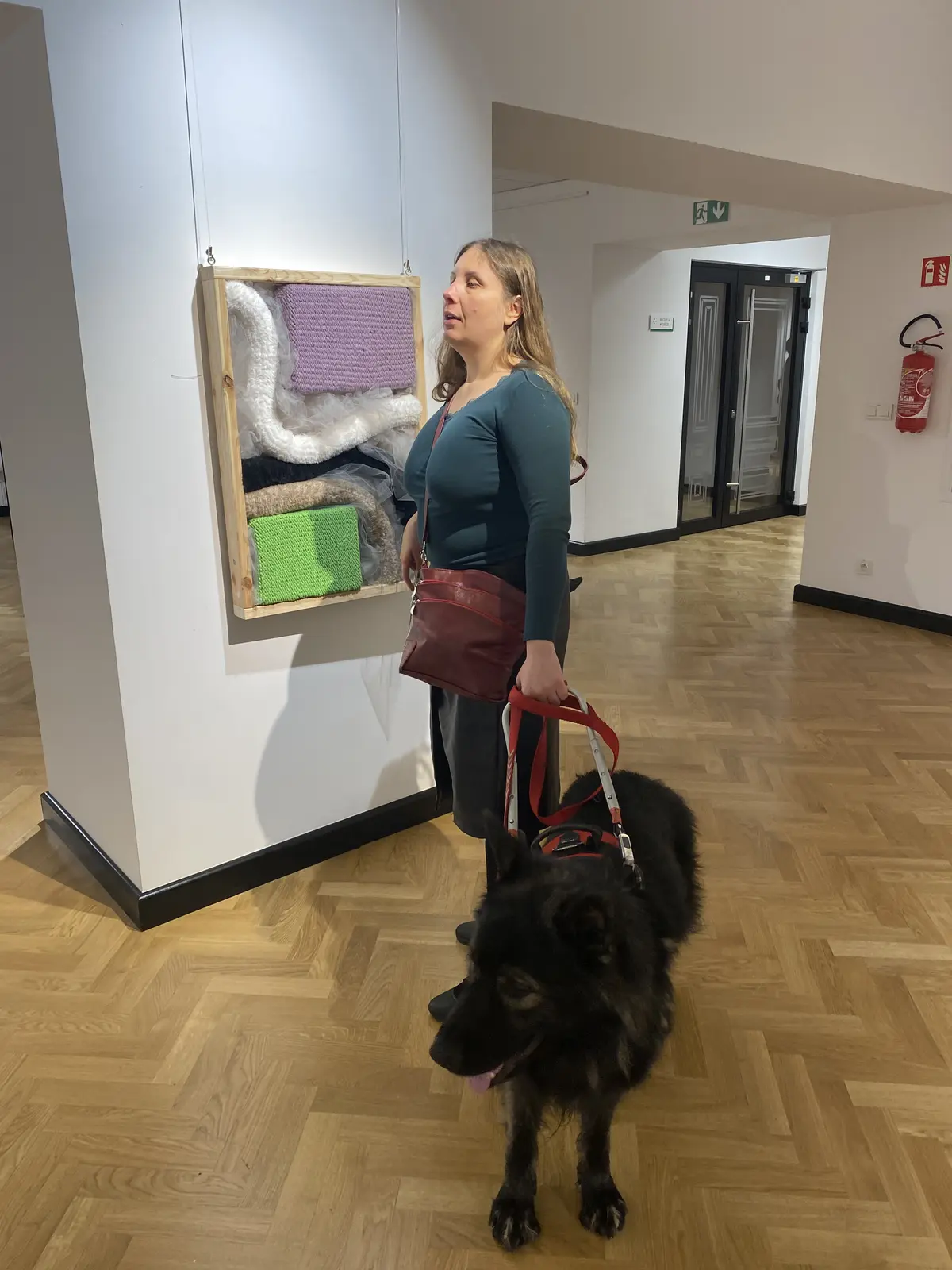 Jasne wnętrze galerii z drewnianą posadzką. Po lewej stronie „Test Lustra” jest podwieszony na dwóch cienkich linkach przy bocznej płaszczyźnie białego filara. Instalacja rzuca na ścianę wyraźny cień; widoczne są wrzosowa i zielona bryła, włochate rury oraz lekki, półprzejrzysty tiul przechwytujący światło pomiędzy formami. Obok pracy stoi bokiem Magdalena Rutkowska w ciemnozielonej bluzce, czarnej spódnicy i z bordową torebką przewieszoną przez ramię. Na pierwszym planie znajduje się Pinot, czarny, długowłosy pies w uprzęży, oddalony od instalacji i zwrócony w stronę dolnej krawędzi kadru. W głębi widać przejście do kolejnej sali.